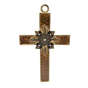 Brown Swirl Enamel Metal Cross Wall Hanging Decor Rhinestones  5.25"